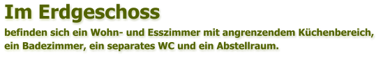 Im Erdgeschoss befinden sich ein Wohn- und Esszimmer mit angrenzendem Kchenbereich,  ein Badezimmer, ein separates WC und ein Abstellraum.